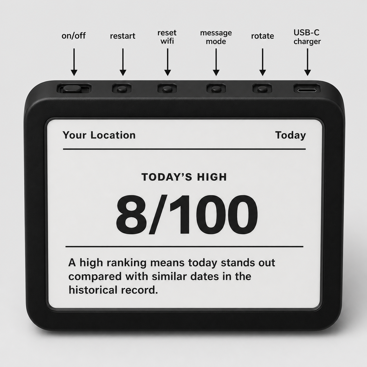 Weather100 device controls showing on/off, restart, reset Wi-Fi, message mode, rotate, and USB-C charger.